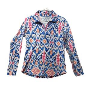 IBKUL Shirt Womens S Ikat Long Sleeve Mock Golf Tennis UPF50 Sunshirt Blue